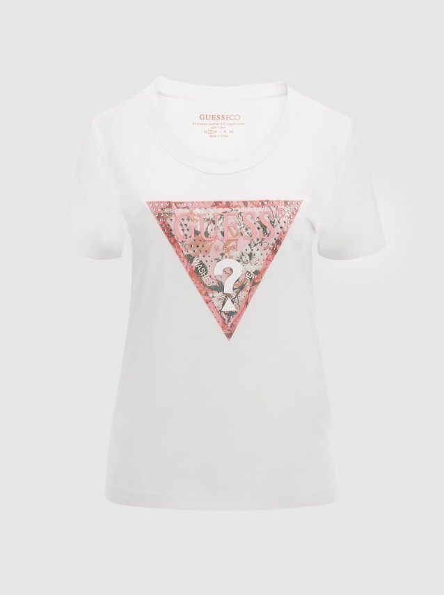 T-Shirt Mulher Ss Rn Satin Triangle Tee Guess