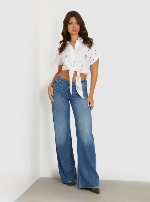 Camisa Mulher Ss Brigitte Satin Embro Shirt Guess