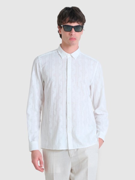Camisa Homem Shirt Hilo Relaxed Straigth Fit In Dobby Cotton Fabric Abstract Geometric Pattern Anton
