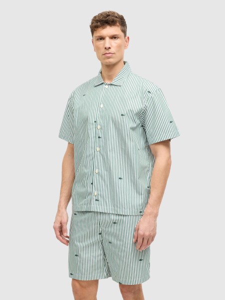 2 Pe�as Lacoste Homem Crocodile Print Striped Poplin Pajama Set