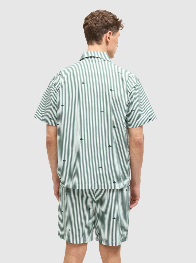 2 Pe�as Lacoste Homem Crocodile Print Striped Poplin Pajama Set