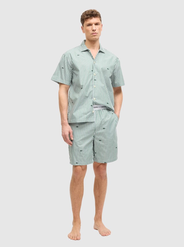 2 Pe�as Lacoste Homem Crocodile Print Striped Poplin Pajama Set