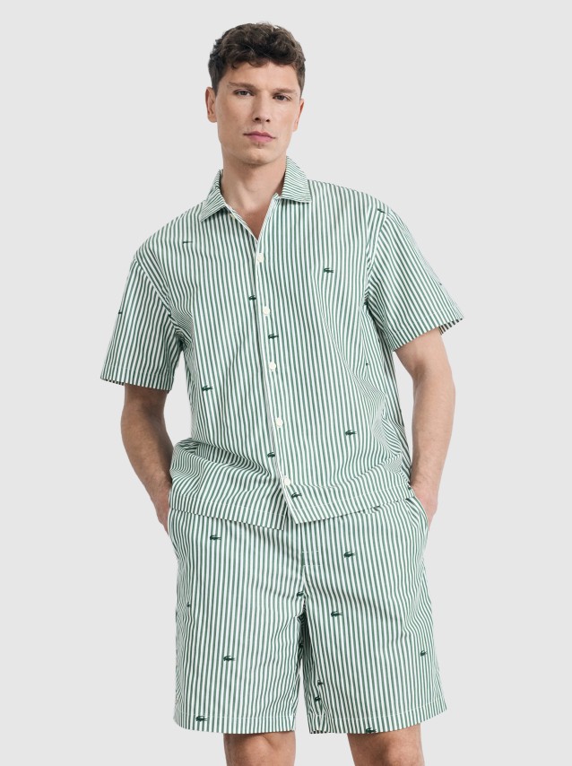 2 Pe�as Lacoste Homem Crocodile Print Striped Poplin Pajama Set