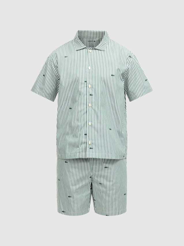 2 Pe�as Lacoste Homem Crocodile Print Striped Poplin Pajama Set