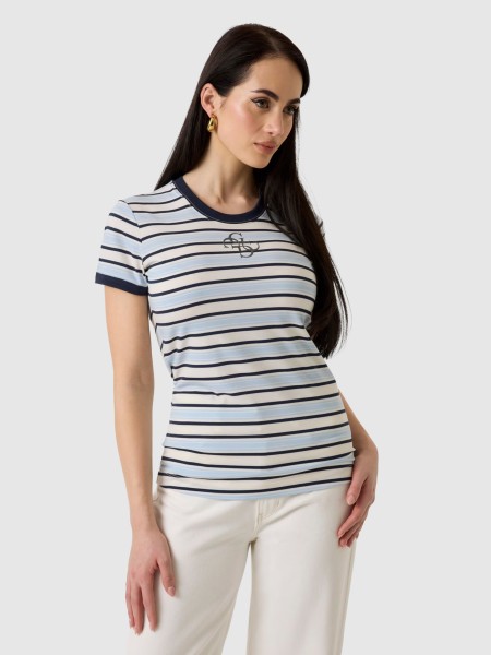 T-Shirt Guess Mulher Ss Cn Striped Mini 4G Logo Tee T-Shirt Guess Mulher Ss Cn Striped Mini 4G Logo Tee