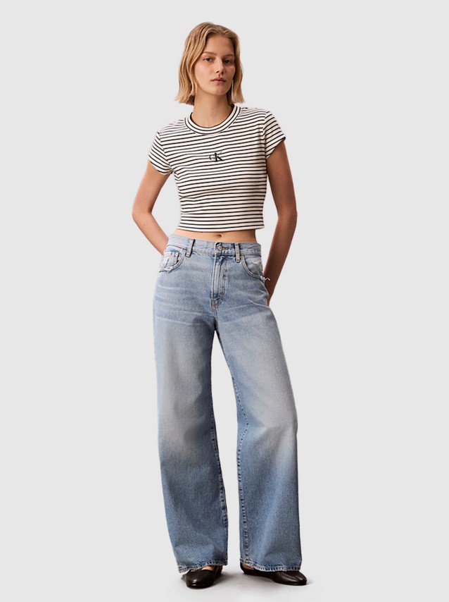 T-Shirt Calvin Klein Mulher Striped Monologo Baby Rib Tee