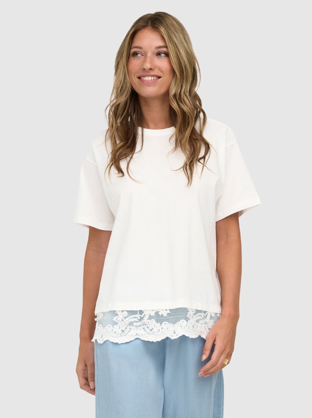 T-Shirt Only Mulher Onlvivvi S/s Lace Bottom Cs Jrs Webseller