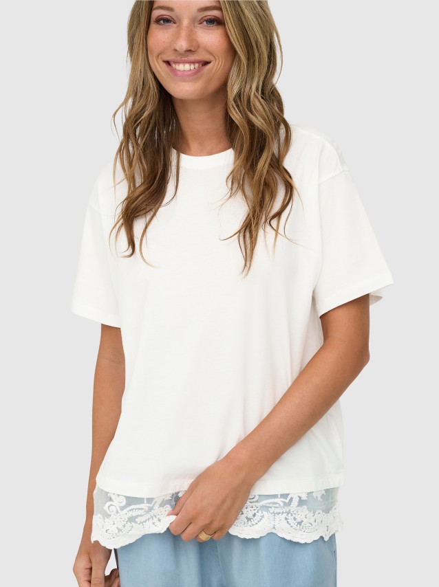 T-Shirt Only Mulher Onlvivvi S/s Lace Bottom Cs Jrs Webseller