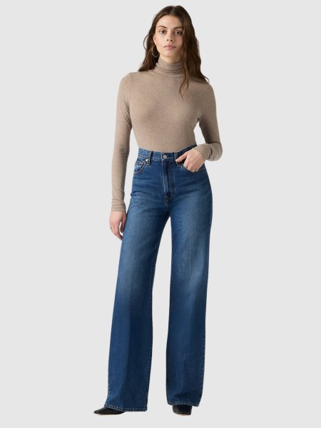 Jeans Levis Mulher Ribcage Wide Leg H223 Med Indigo - Worn In Jeans Levis Mulher Ribcage Wide Leg H223 Med Indigo - Worn In