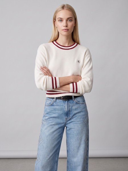 Camisola Calvin Klein Mulher Woven Label Crewneck Sweater Camisola Calvin Klein Mulher Woven Label Crewneck Sweater