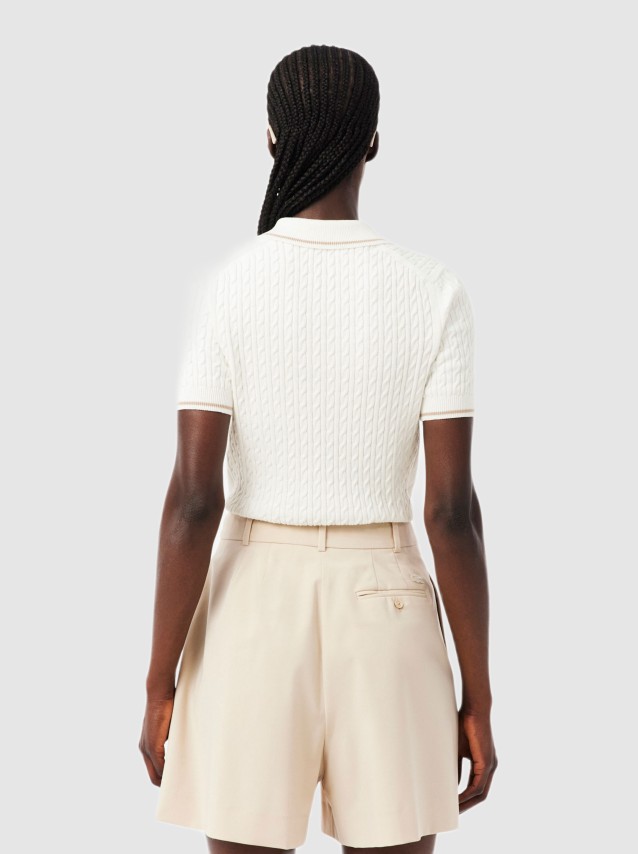 Polo Lacoste Mulher Contrast Accent Cable Knit Polo Collar Sweater