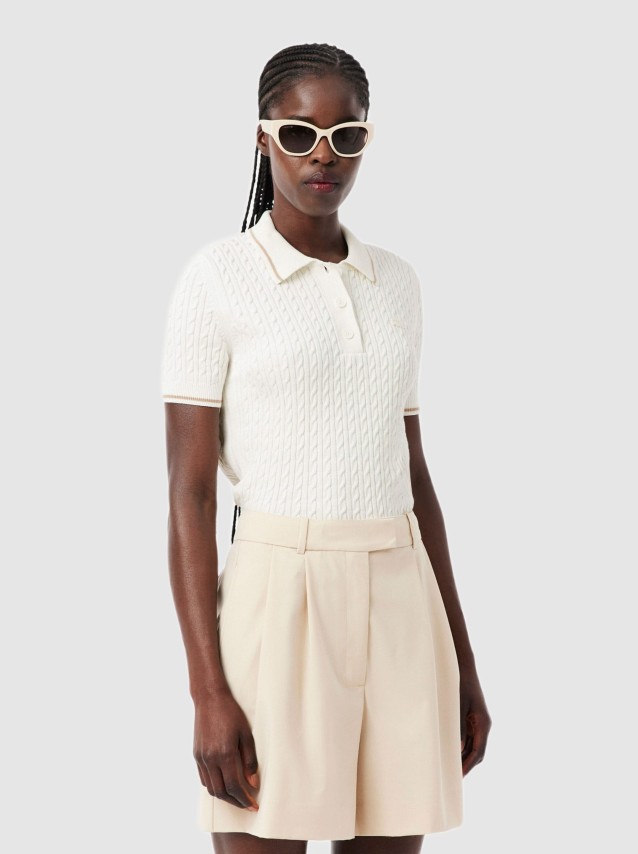 Polo Lacoste Mulher Contrast Accent Cable Knit Polo Collar Sweater