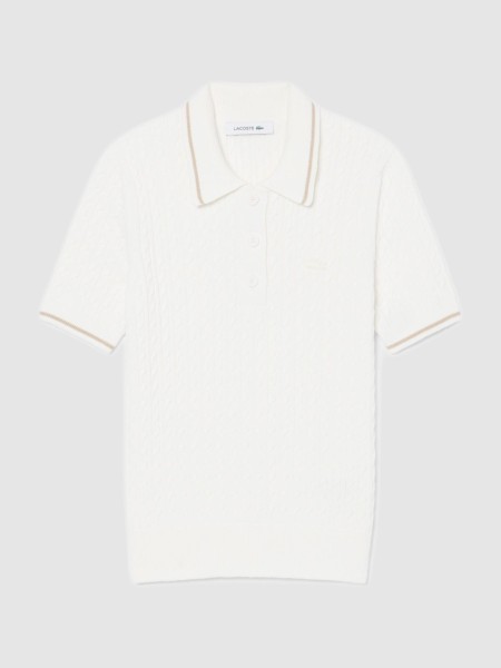 Polo Lacoste Mulher Contrast Accent Cable Knit Polo Collar Sweater Polo Lacoste Mulher Contrast Accent Cable Knit Polo Collar Sweater