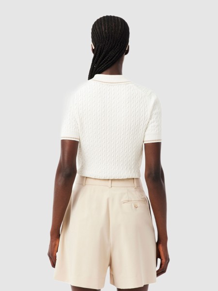 Polo Lacoste Mulher Contrast Accent Cable Knit Polo Collar Sweater Polo Lacoste Mulher Contrast Accent Cable Knit Polo Collar Sweater