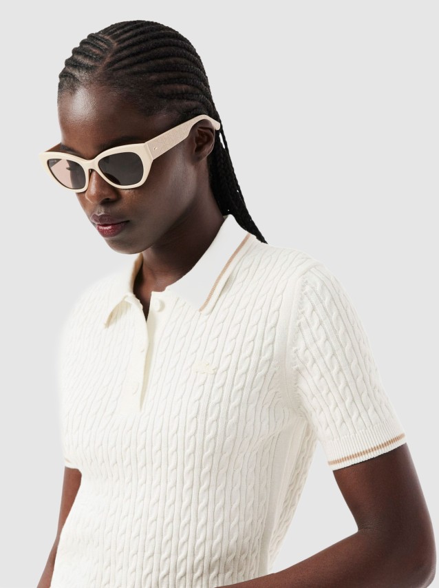 Polo Lacoste Mulher Contrast Accent Cable Knit Polo Collar Sweater