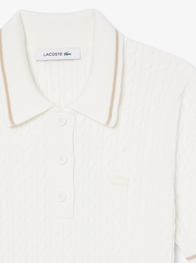 Polo Lacoste Mulher Contrast Accent Cable Knit Polo Collar Sweater