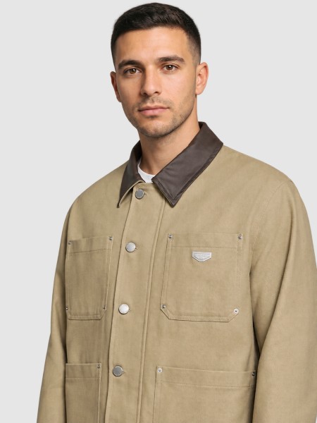 Casaco Antony Morato Homem Coat Regular Fit In Cotton Twill With Collar In Faux Leather And Logo Met Casaco Antony Morato Homem Coat Regular Fit In Cotton Twill With Collar In Faux Leather And Logo Met